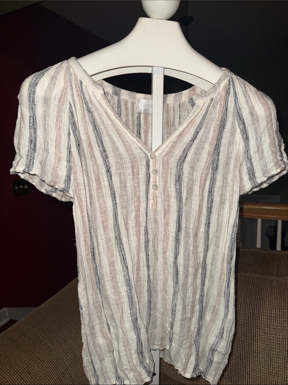 Lightweight Striped V-Neck Short Sleeve Top - Cream & Gray
